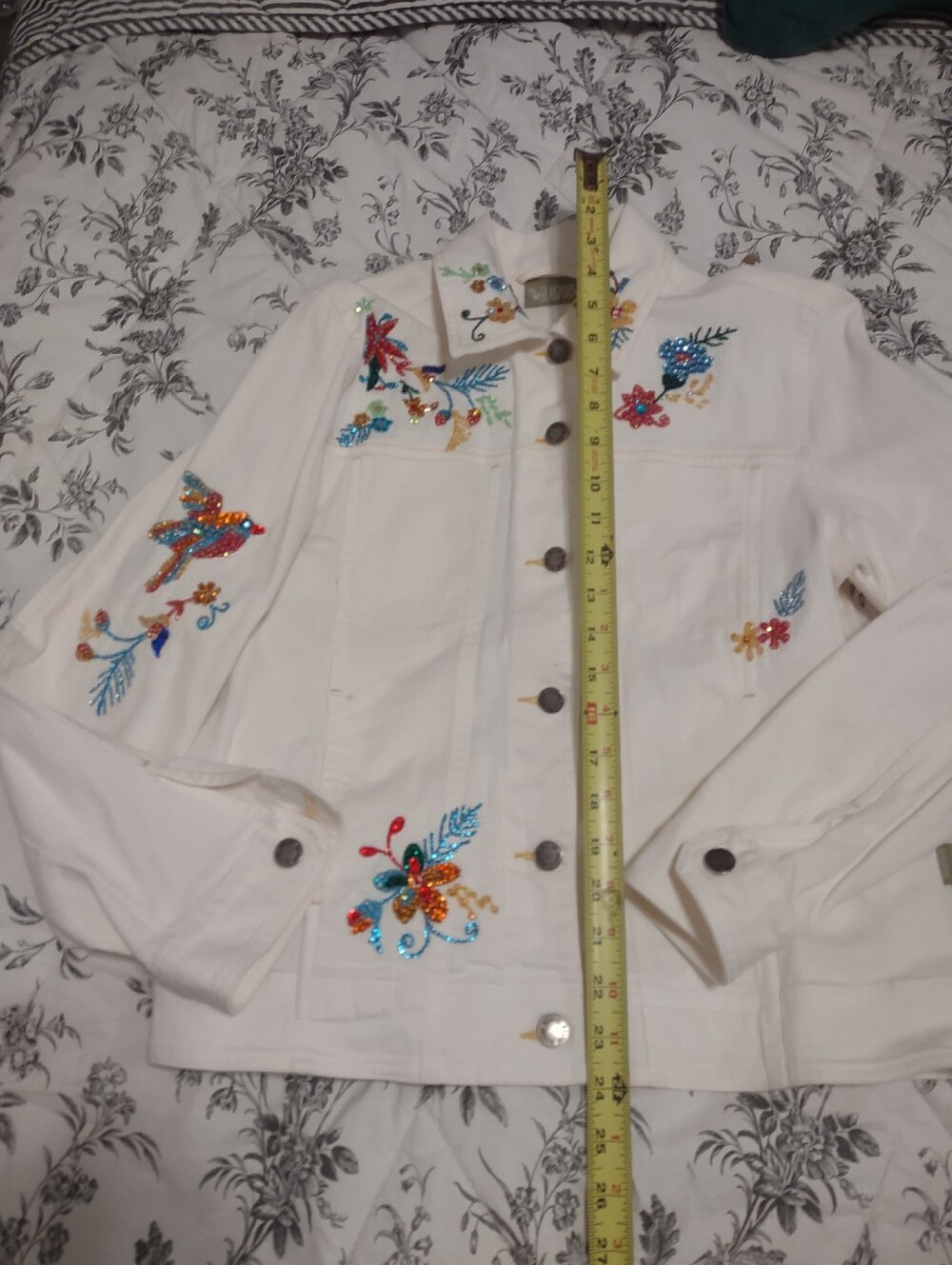 Blassport White Embellished Jacket with Colorful Embroider Floral Accents